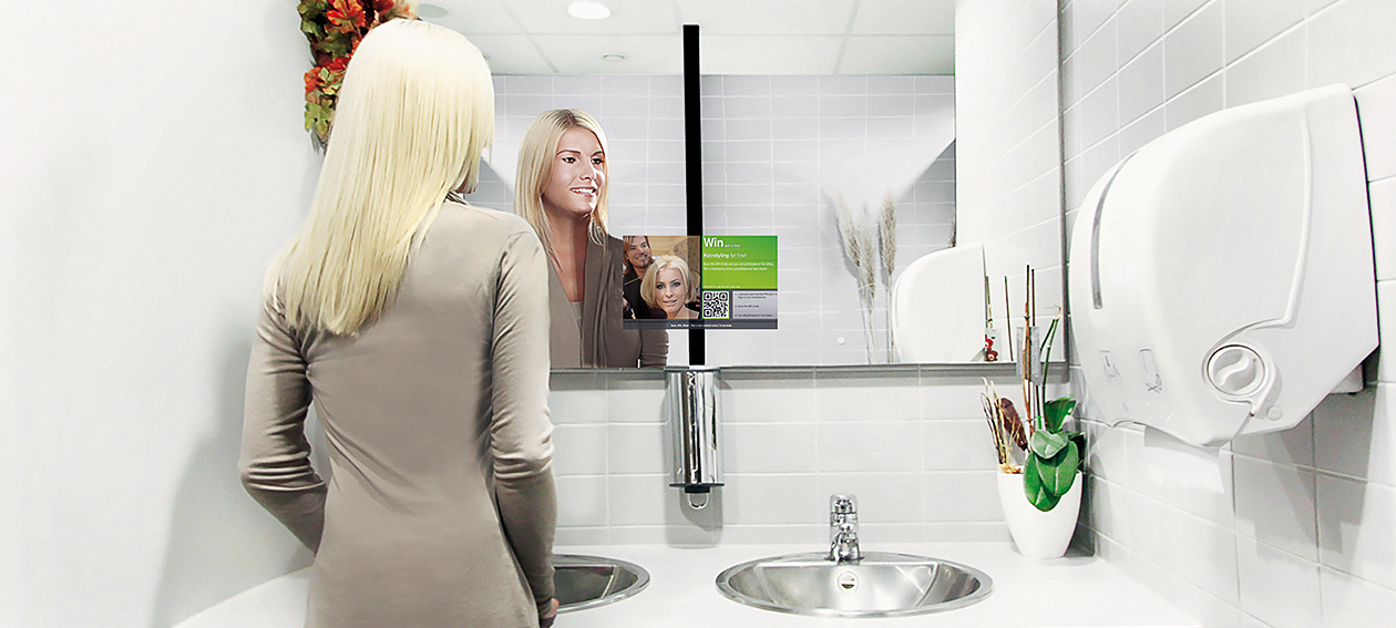 13.3" Mirror TV for commercial application, installed in a public restroom environment @ Oscar Club in Germany.