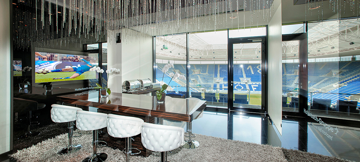 65.0" Glass TV for commercial application, installed in a lounge environment @ VIP lounge Rhein-Neckar-Arena in Germany.